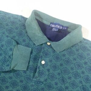 Nautica Mens Large Green Patterned Long Sleeve Polo Shirt